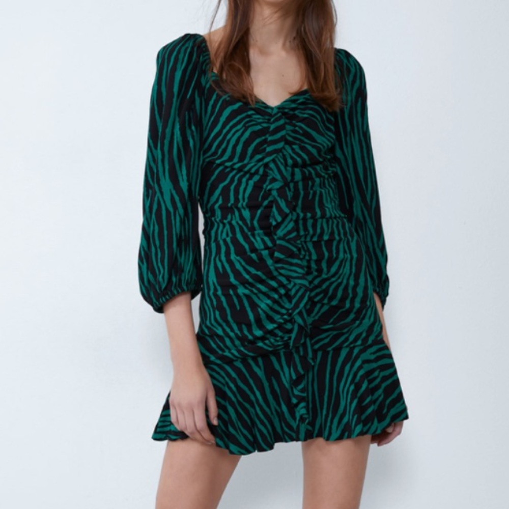 NWT ZARA mini dress front ruched flare zebra